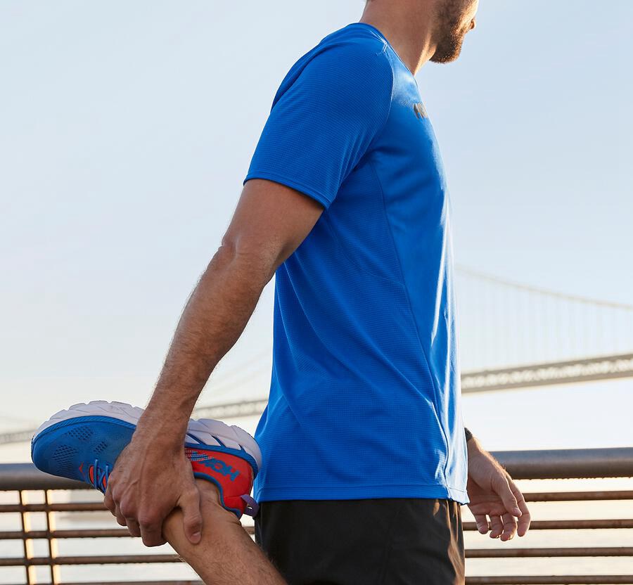 Hoka One One Top Erkek Mavi - Performance Short Sleeve - JV0536781